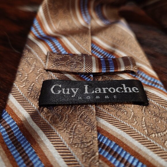 Guy Laroche Brown and Blue Striped Silk Tie - Picture 3 of 4